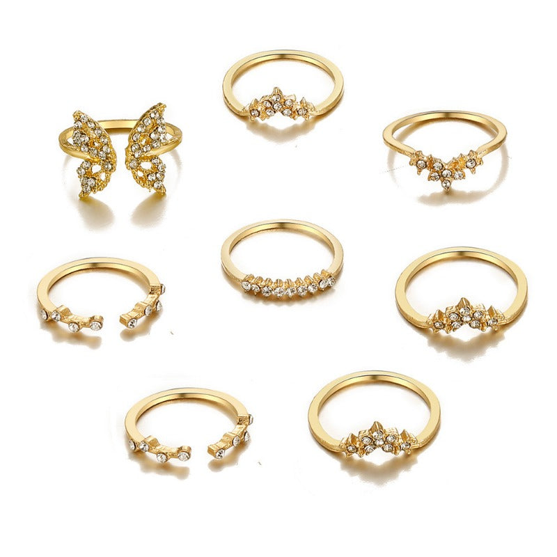 Wholesale of 8-piece Alloy Set with Full Diamond Butterfly Opening Rings